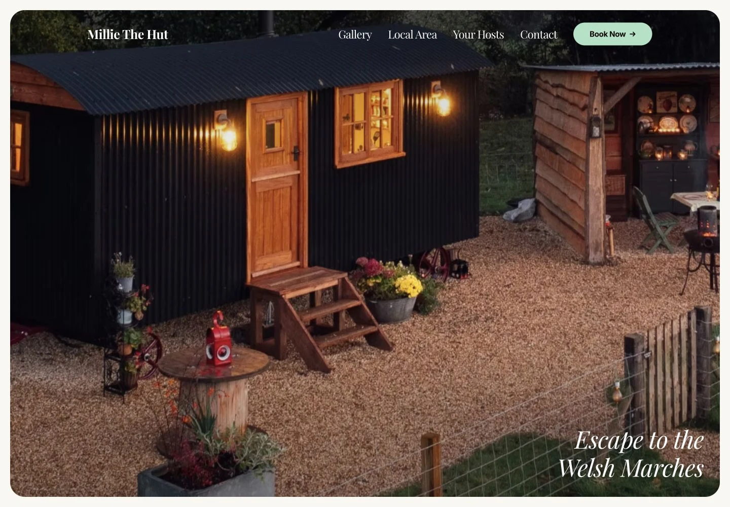 Millie the Hut’s website homepage in a browser mockup